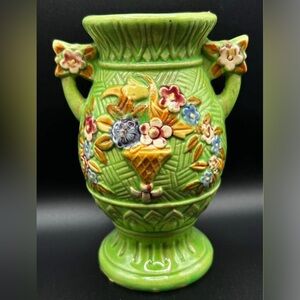 Vintage Hand Painted Ceramic Floral Motif Urn Vase, Bud Vase Tabletop Vessel
